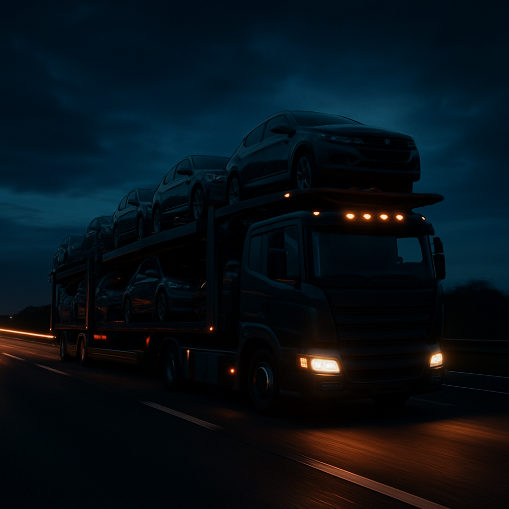 RoadRelay car transporter on a UK motorway at dusk